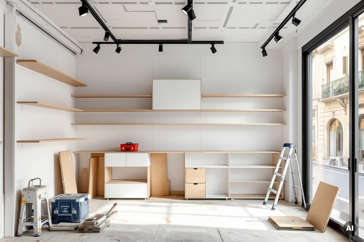 Negozio in fase di allestimento, con nuove scaffalature in legno, faretti su binario e vetrina sulla strada