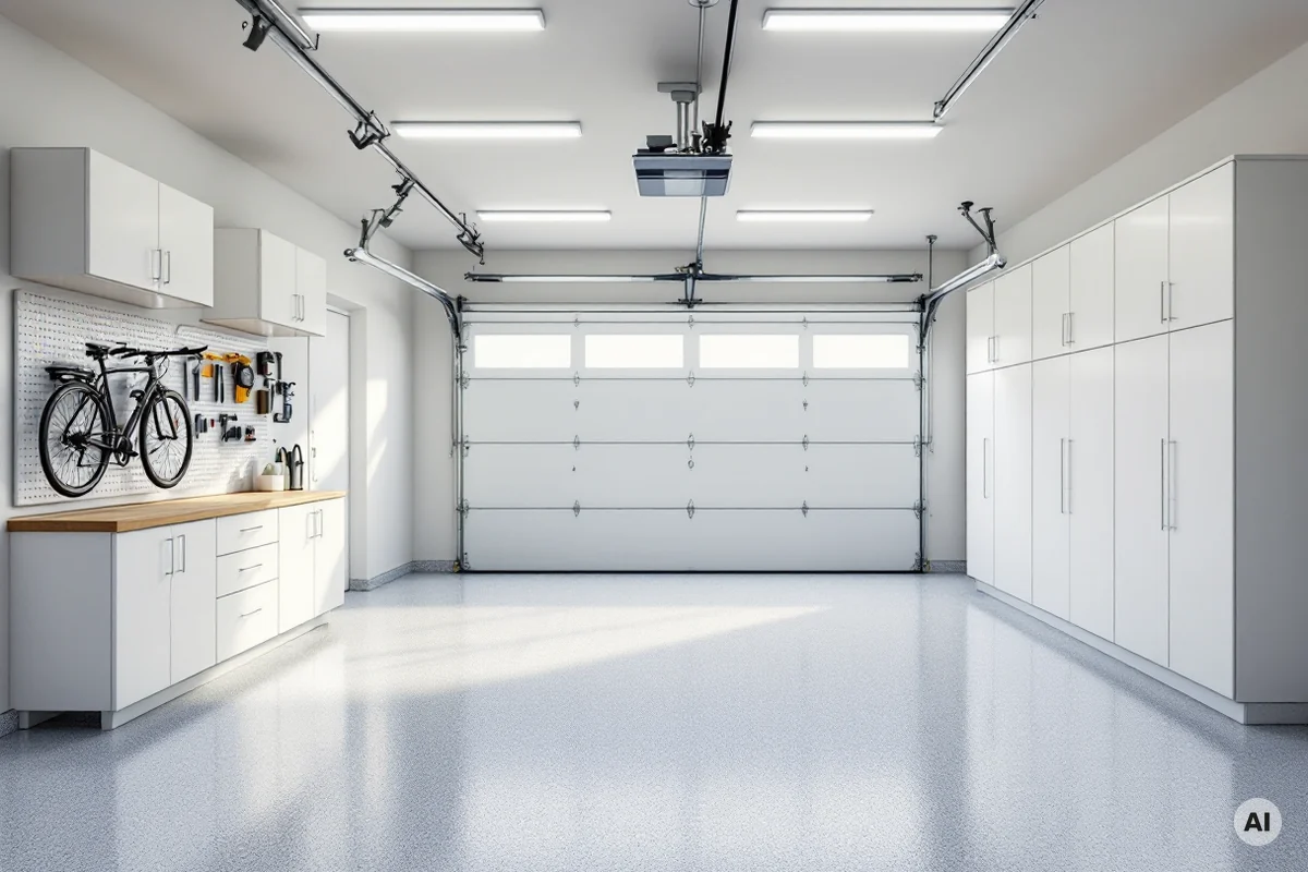 Garage ristrutturato con pavimento in resina, armadi a parete e plafoniere LED
