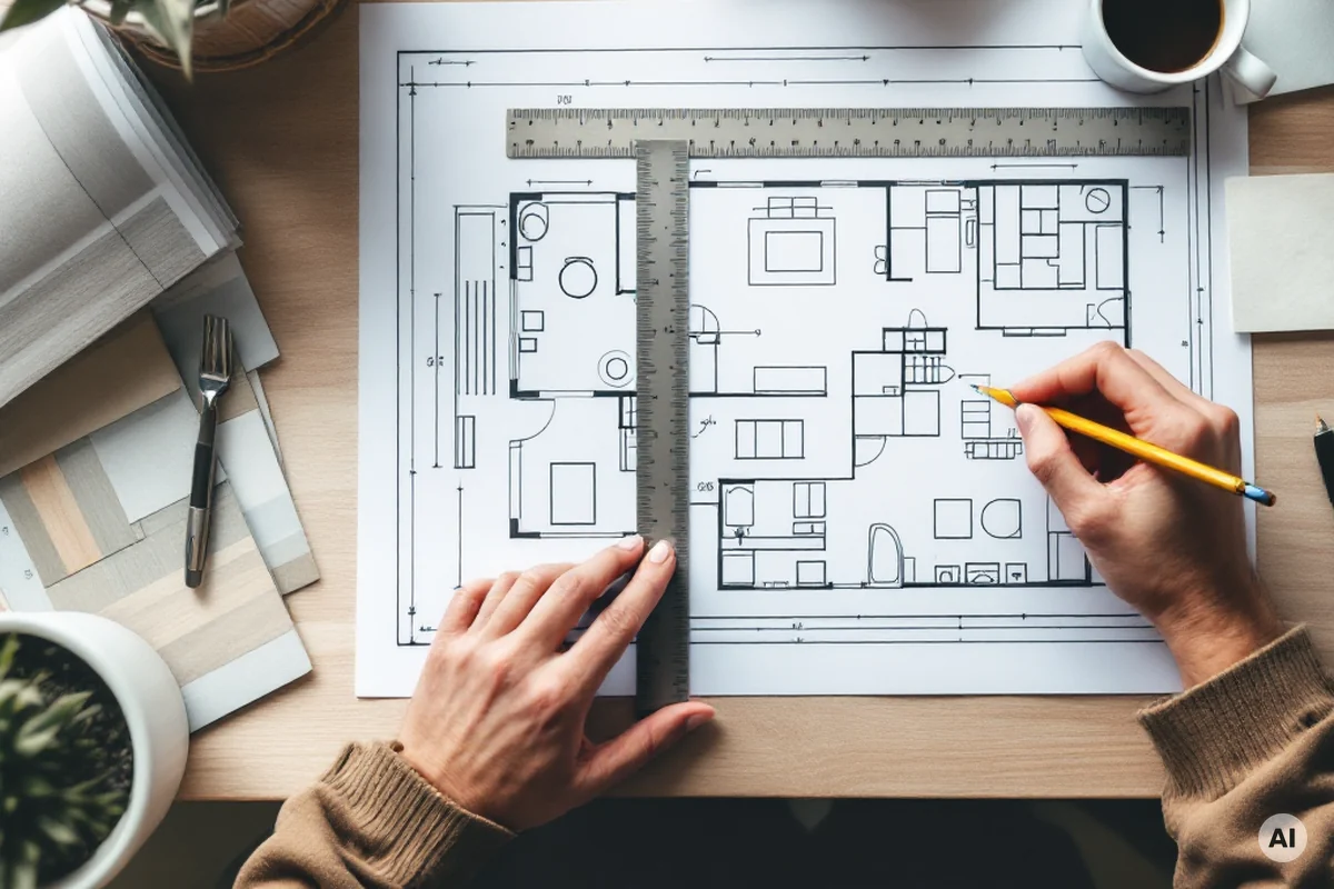 Architetto che lavora sulla pianta del progetto di ristrutturazione di un locale commerciale