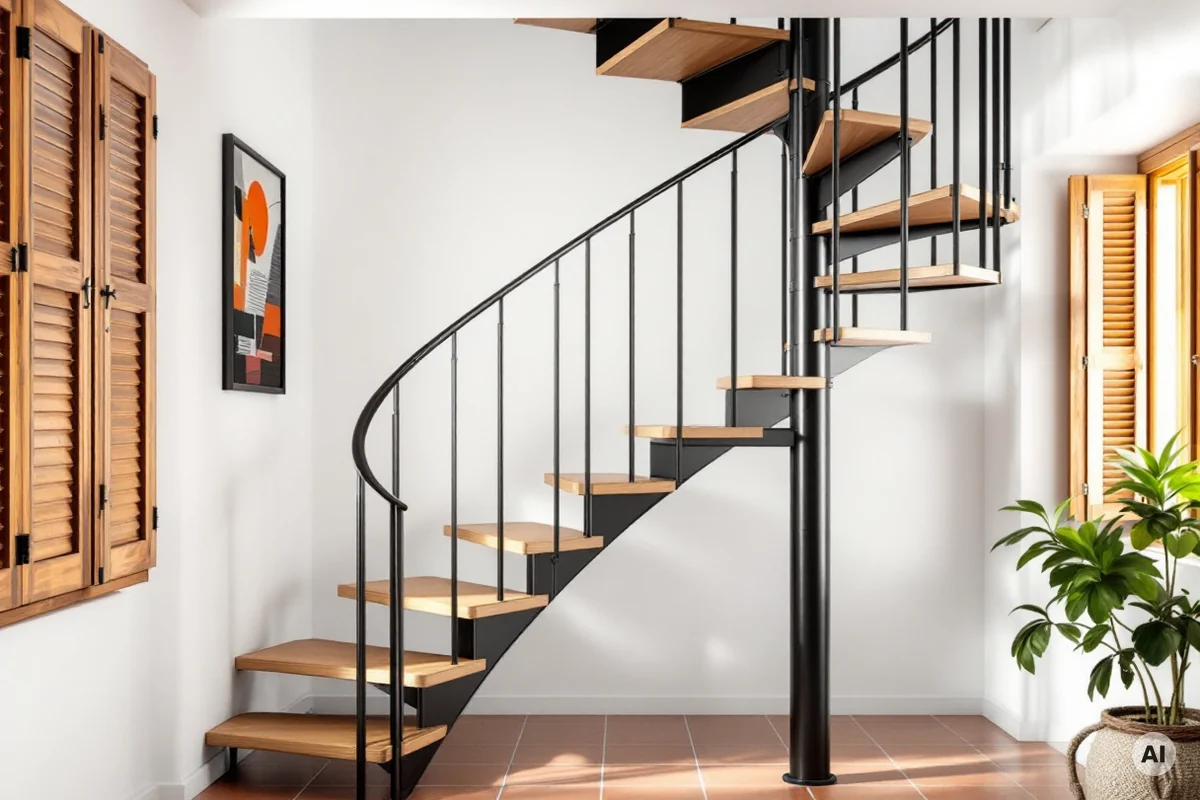 Scala a chiocciola con gradini in legno e struttura in metallo nero in un appartamento luminoso